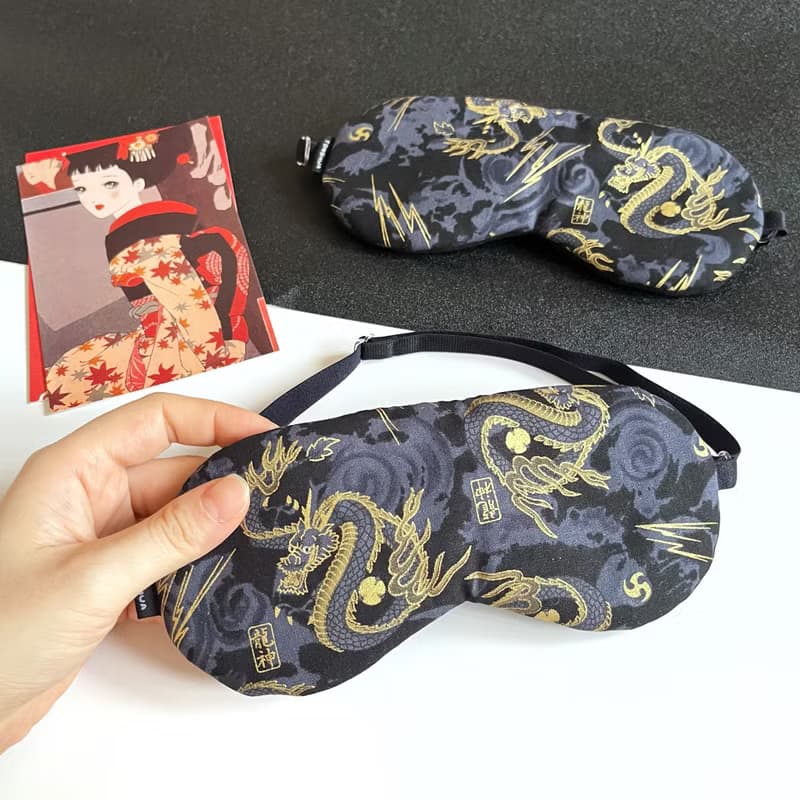 手工有機棉眼罩 龍神 龍 燙金 黑紅 棉布 可調整長度 助眠遮光