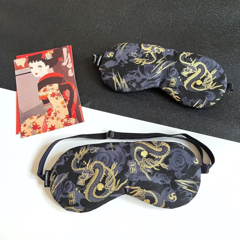 手工有機棉眼罩 龍神 龍 燙金 黑紅 棉布 可調整長度 助眠遮光