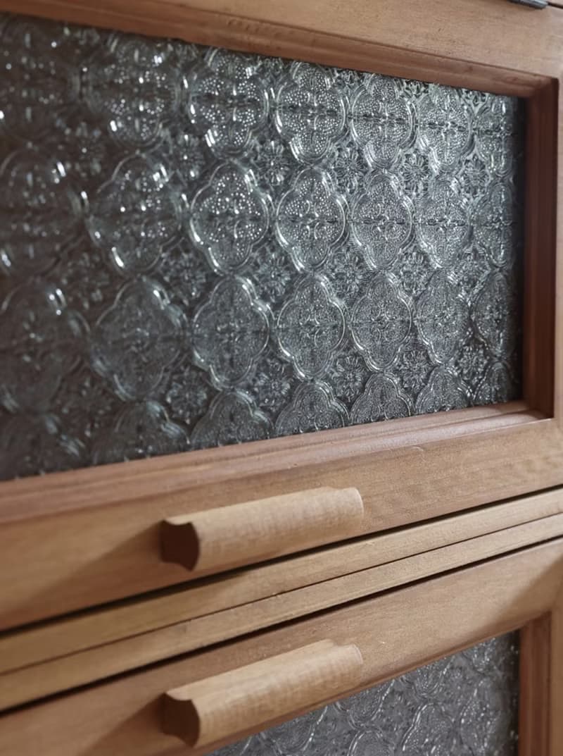 古早海棠玻璃 麵包拉手 復古原木儲物櫃 防塵玻璃收納箱