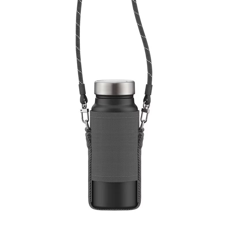 【孔雀Peacock】400ML 不鏽鋼保溫杯 可調杯袋登山扣環-黑+黑杯袋