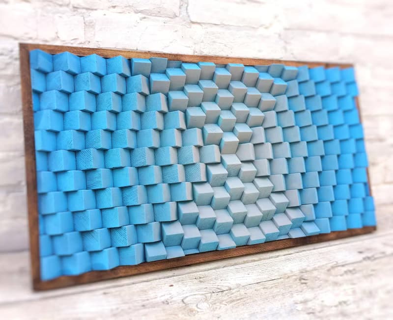 3D Wood Wall Art - Sky Blue Office Decor - Music Room - Acoustic Panel Diffuser