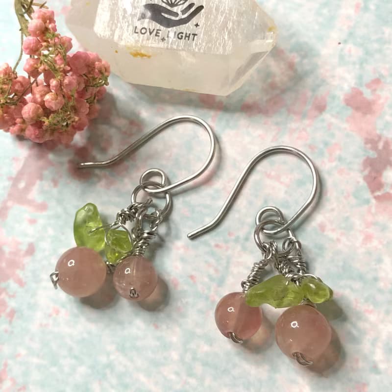 星光粉晶耳環 小櫻桃 粉水晶 316鈦鋼手作飾品