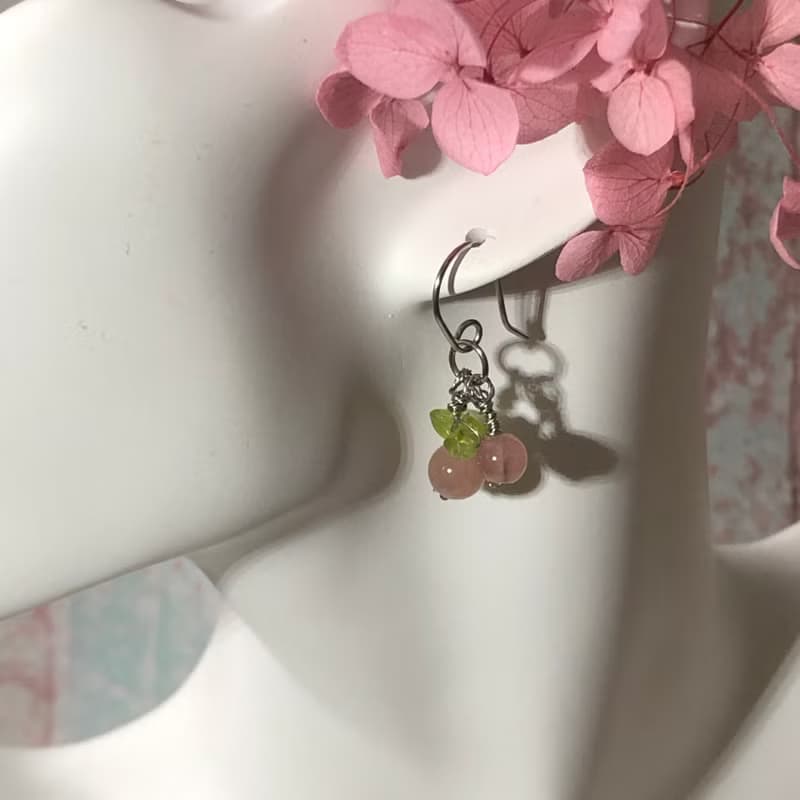 星光粉晶耳環 小櫻桃 粉水晶 316鈦鋼手作飾品