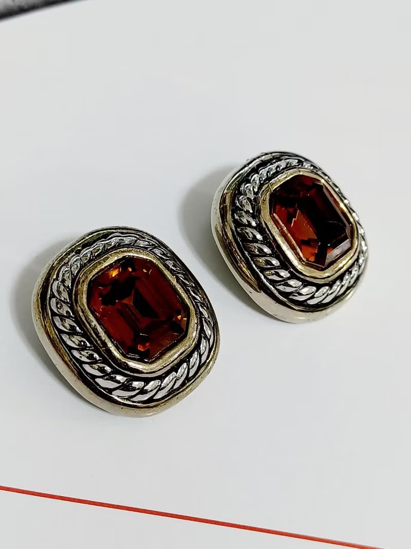 vintage jewelry  典雅方形萊茵風格 夾式耳環