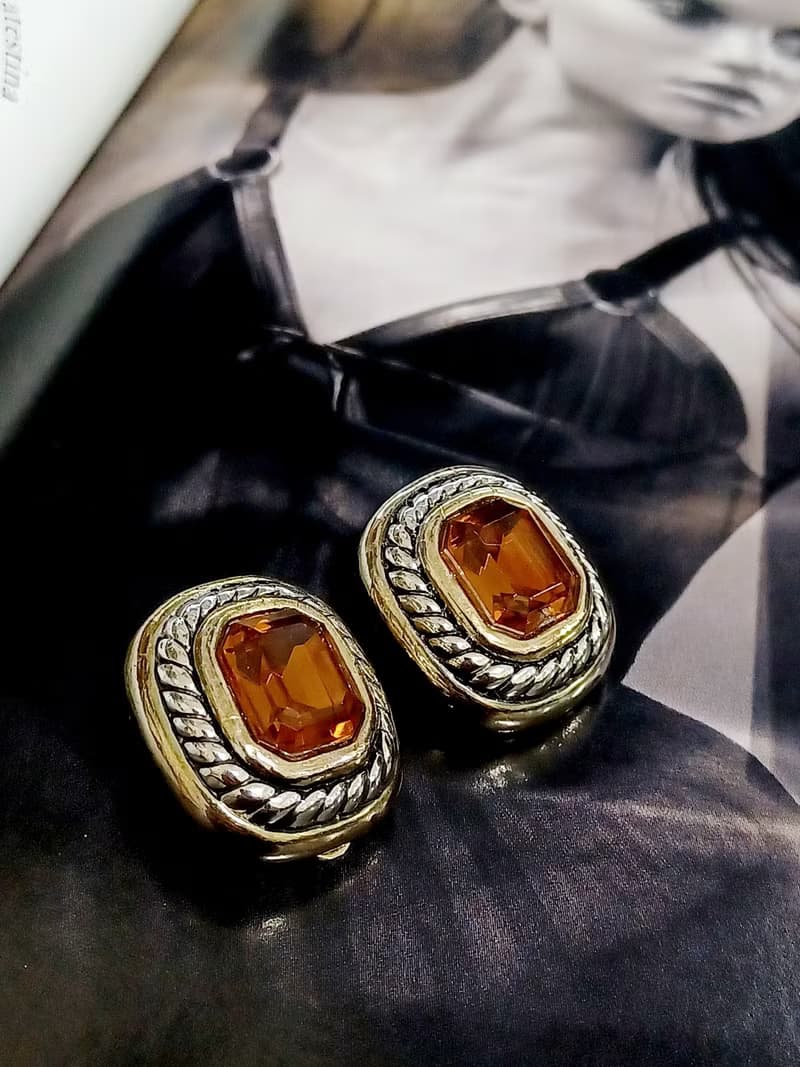 vintage jewelry  典雅方形萊茵風格 夾式耳環
