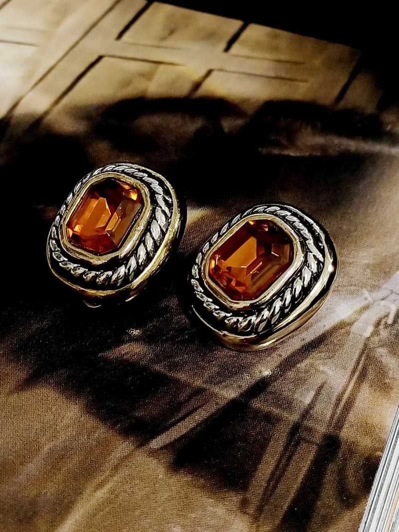 vintage jewelry  典雅方形萊茵風格 夾式耳環