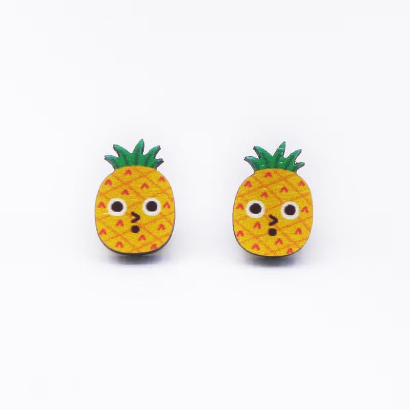 Cute Pineapple 可愛鳳梨木製耳環 原創插畫耳環 耳針無耳洞耳夾