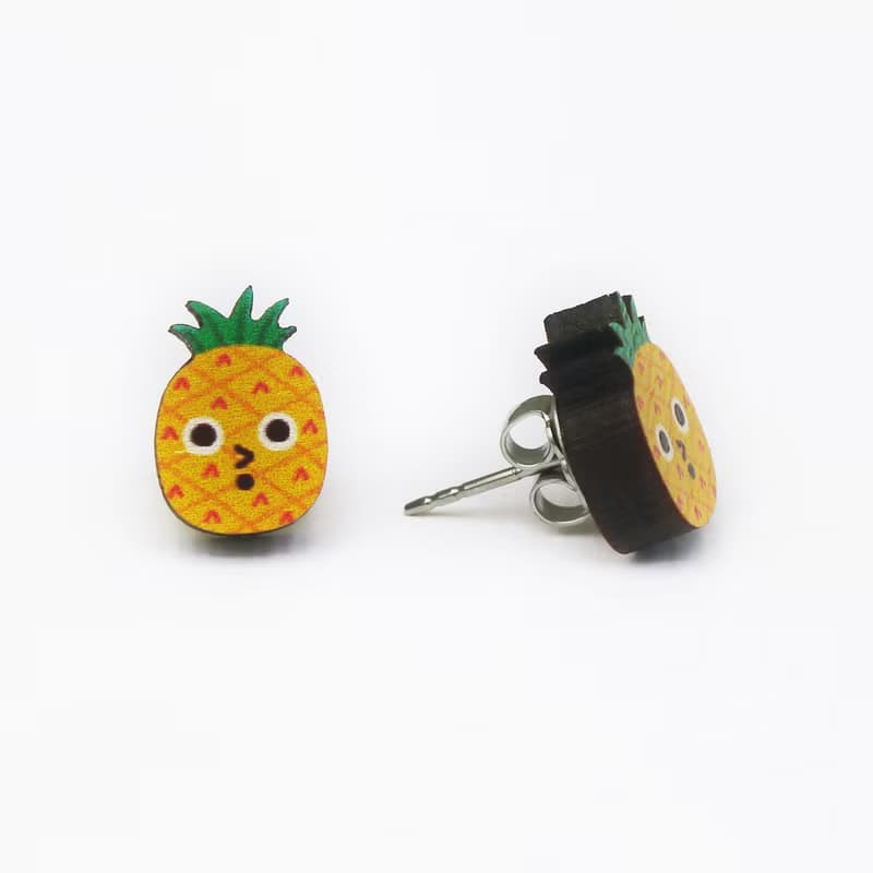 Cute Pineapple 可愛鳳梨木製耳環 原創插畫耳環 耳針無耳洞耳夾