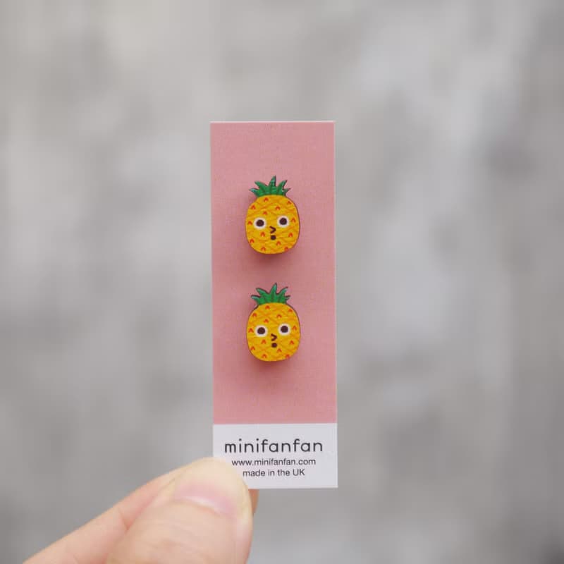 Cute Pineapple 可愛鳳梨木製耳環 原創插畫耳環 耳針無耳洞耳夾