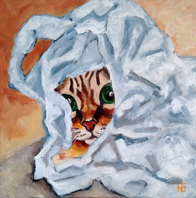 Kitten Original Oil Painting, Funny Cat Portrait, Pet Wall Art, Small Picture