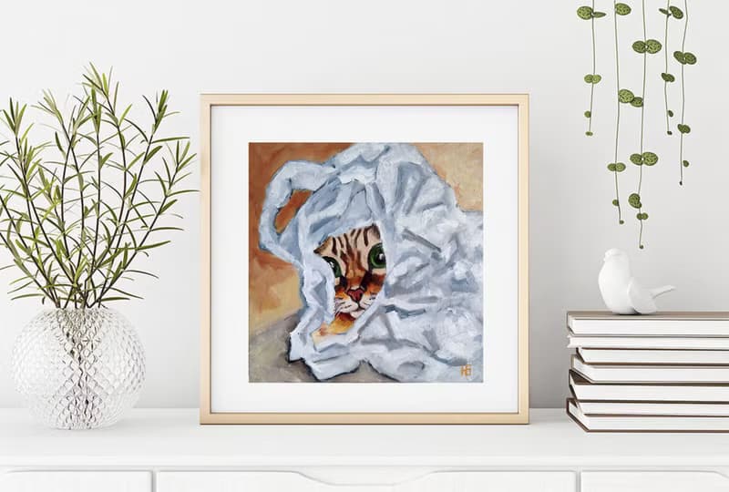 Kitten Original Oil Painting, Funny Cat Portrait, Pet Wall Art, Small Picture