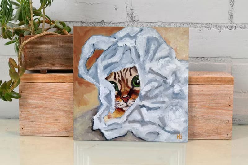 Kitten Original Oil Painting, Funny Cat Portrait, Pet Wall Art, Small Picture