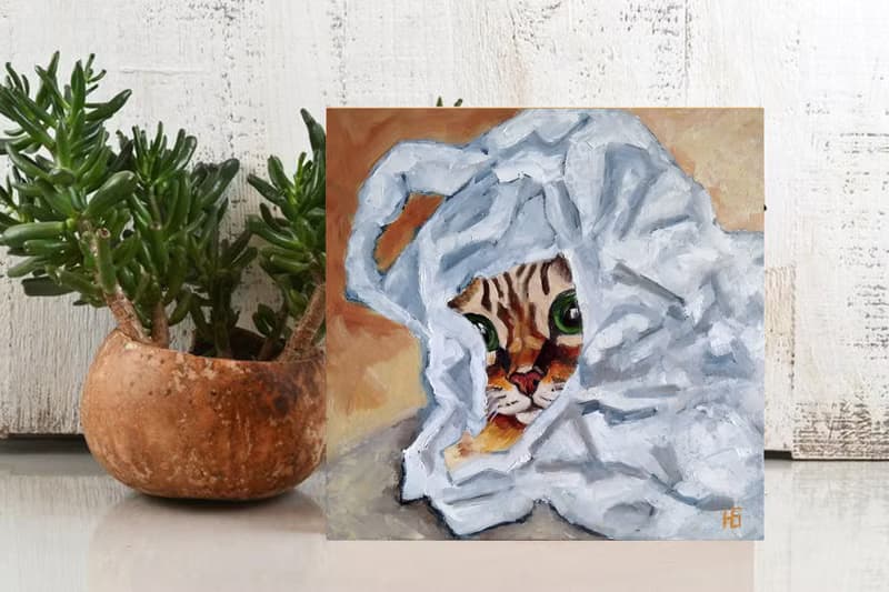 Kitten Original Oil Painting, Funny Cat Portrait, Pet Wall Art, Small Picture