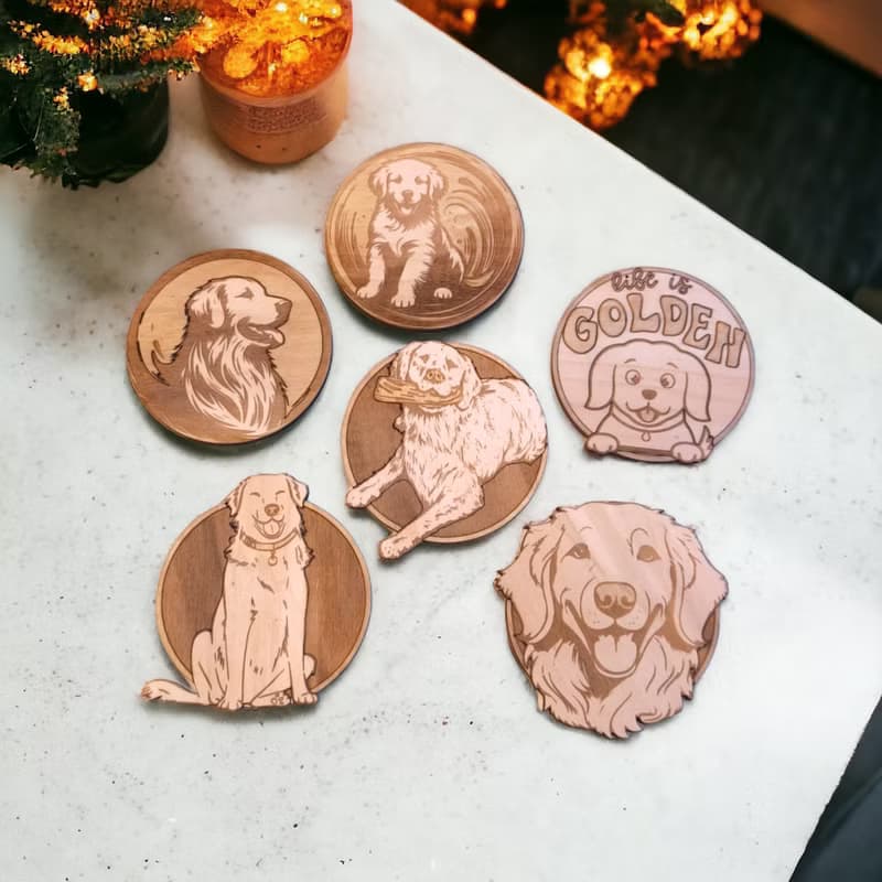 Golden Retriever Wooden Coaster Set – Perfect Collectible Barware for Pet Lovers