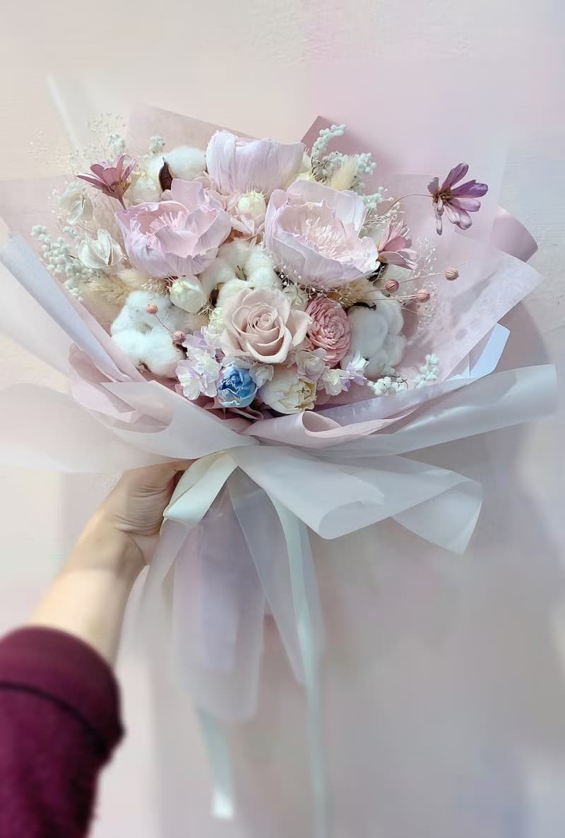 日本永生玫瑰乾燥花束 棉花 韓系包裝
