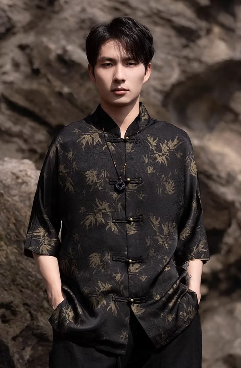 新中式復古 盤扣竹葉印花短袖襯衫