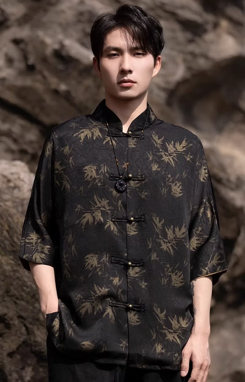 新中式復古 盤扣竹葉印花短袖襯衫