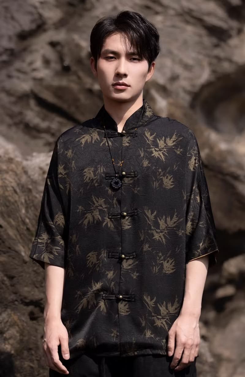 新中式復古 盤扣竹葉印花短袖襯衫