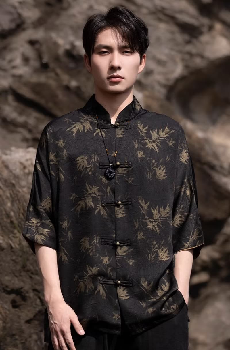 新中式復古 盤扣竹葉印花短袖襯衫