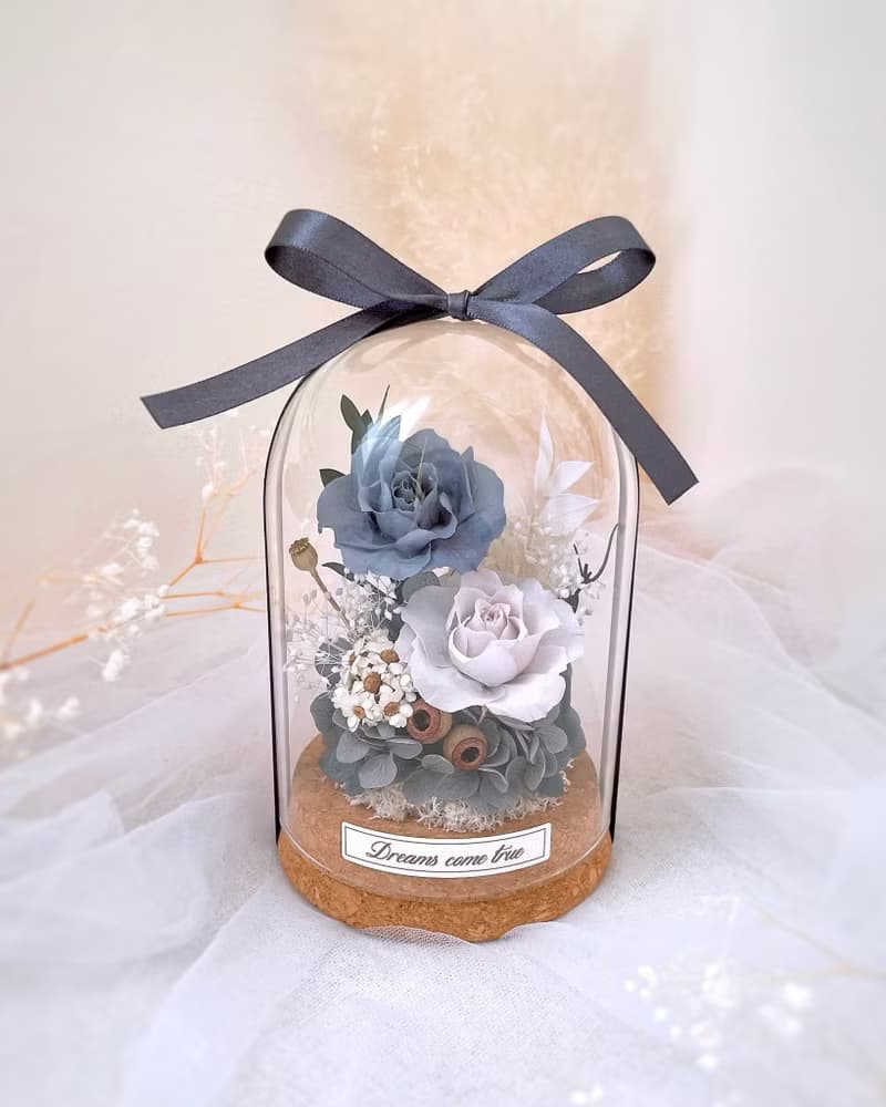 永生花玻璃盅-復古灰藍 l 不凋花玻璃盅 日本玫瑰 情人節禮物
