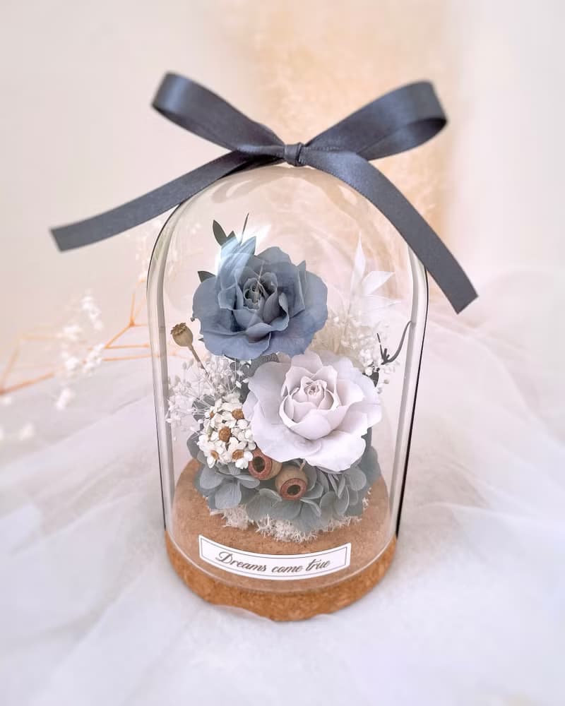 永生花玻璃盅-復古灰藍 l 不凋花玻璃盅 日本玫瑰 情人節禮物