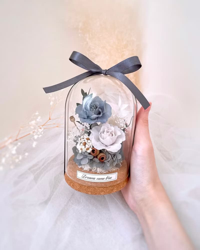 永生花玻璃盅-復古灰藍 l 不凋花玻璃盅 日本玫瑰 情人節禮物