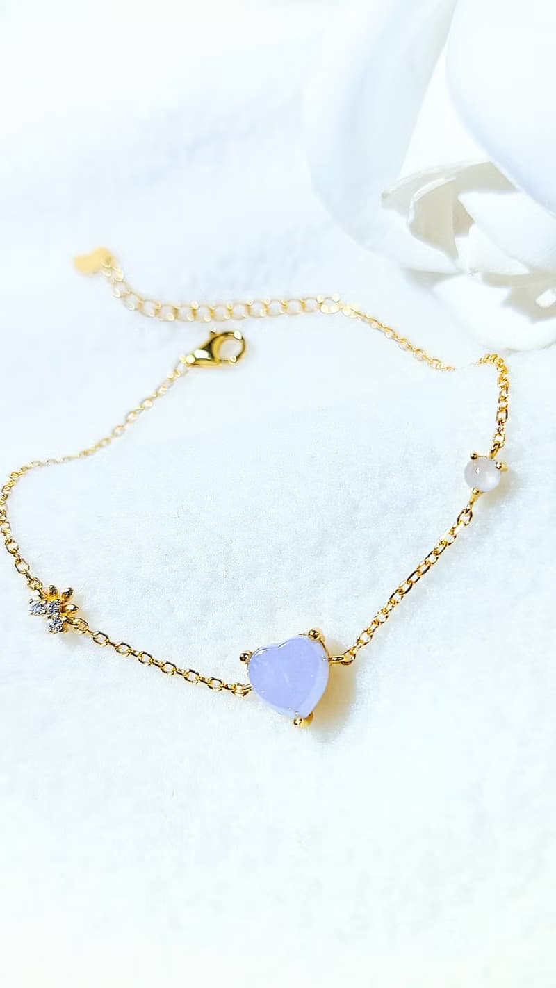 |貴婦養成鏈|A貨翡翠冰紫愛心8mm純銀鍍18k黃簡約款手鏈