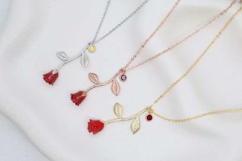 Red Rose & Birthstone Necklaces, Mini Birthstones, Gorgeous Rose Necklace