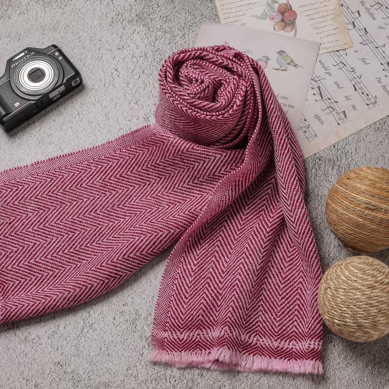 【窄版】喀什米爾羊毛圍巾 人字紋磚紅 脖圍 手工機織