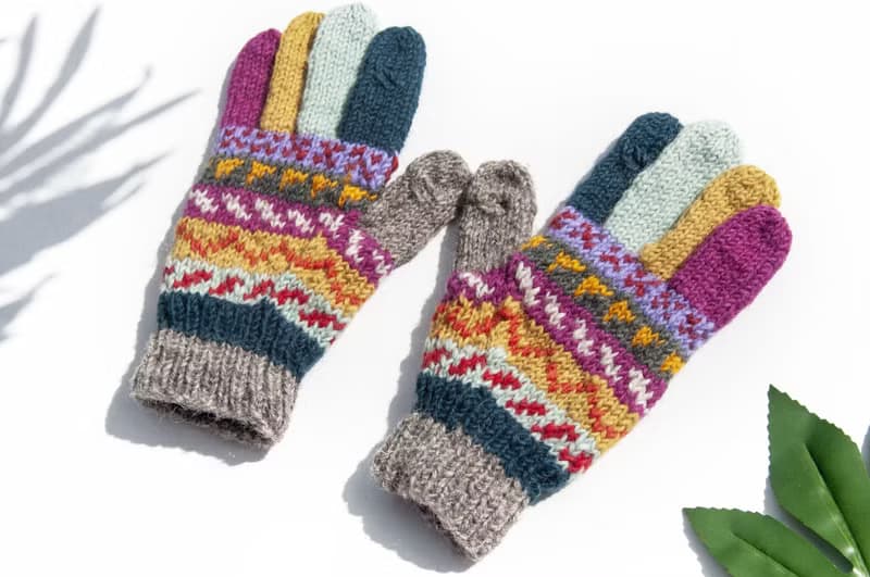 手織羊毛針織手套 針織純羊毛保暖手套 全指手套-北歐風費爾島風