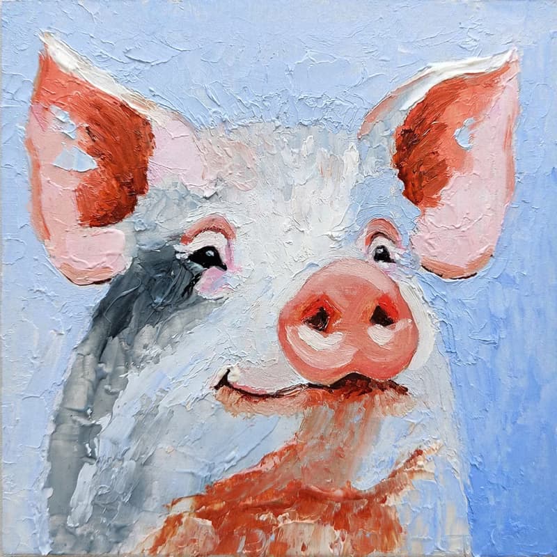 Pig Original Oil Painting Farm Animal Art Funny Portrait Wall Art 手工油畫  油畫原作