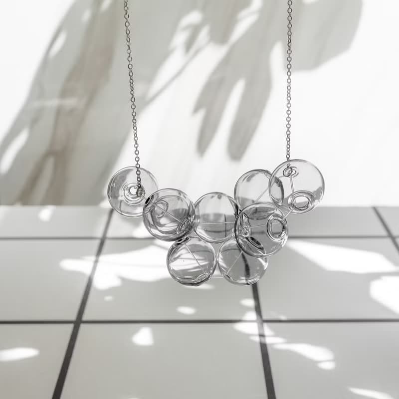 Bubble Bubbles 簡約立體氣泡玻璃球淺黑色透明18k 包金純銀頸鍊