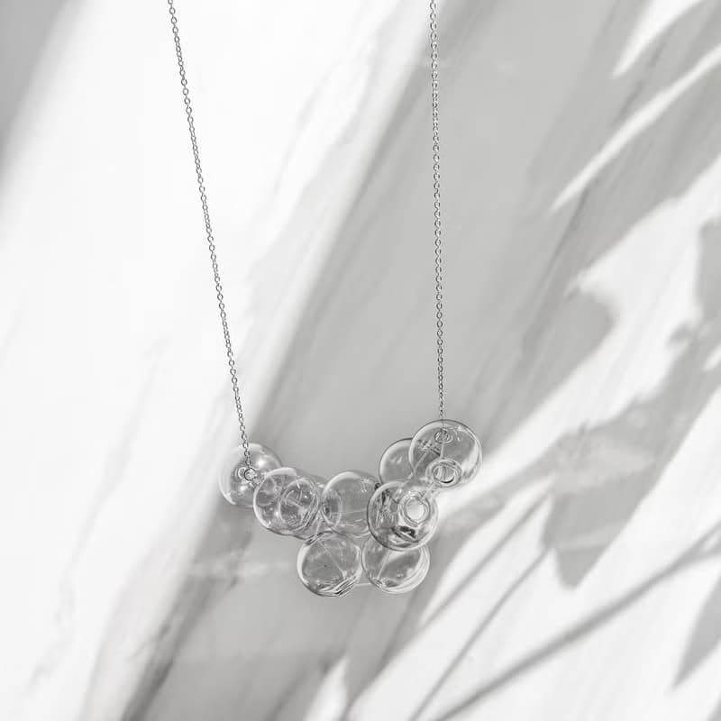 Bubble Bubbles 簡約立體氣泡玻璃球淺黑色透明18k 包金純銀頸鍊