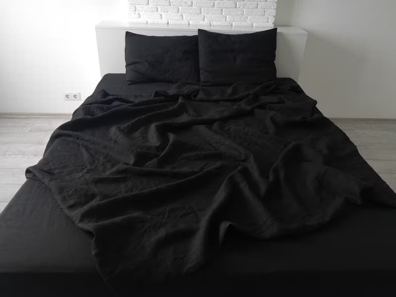 Black linen sheet set / Flat+fitted sheet+2 pillowcases / Black bedding