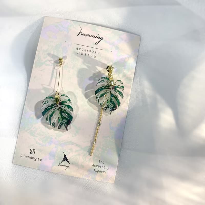耳環 龜背芋 觀葉 植物 樹脂 水鑽 銀飾 耳夾  禮物 禮盒 情人節