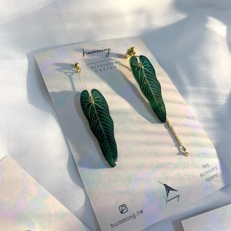 耳環 龜背芋 觀葉 植物 樹脂 水鑽 銀飾 耳夾  禮物 禮盒 情人節
