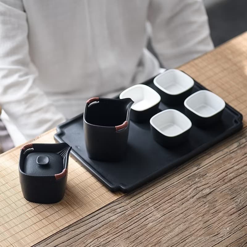 聞說|四方黑砂釉粗陶手執壺茶具套裝