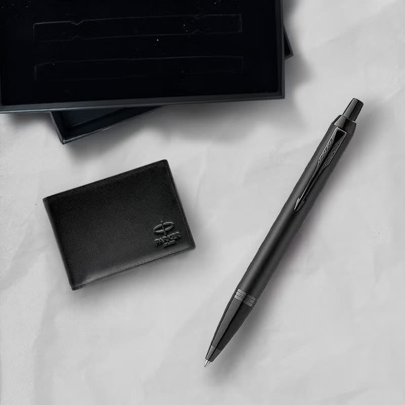 Parker 派克 新IM 特別款理性黑原子筆 牛皮短夾禮盒 免費刻字