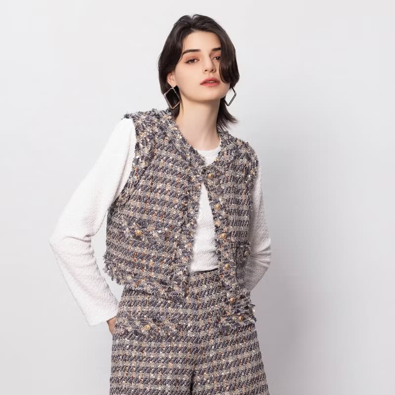 【MEDUSA】鬚邊灰藍混紡毛呢背心外套(M-XL) | 女小香風外套