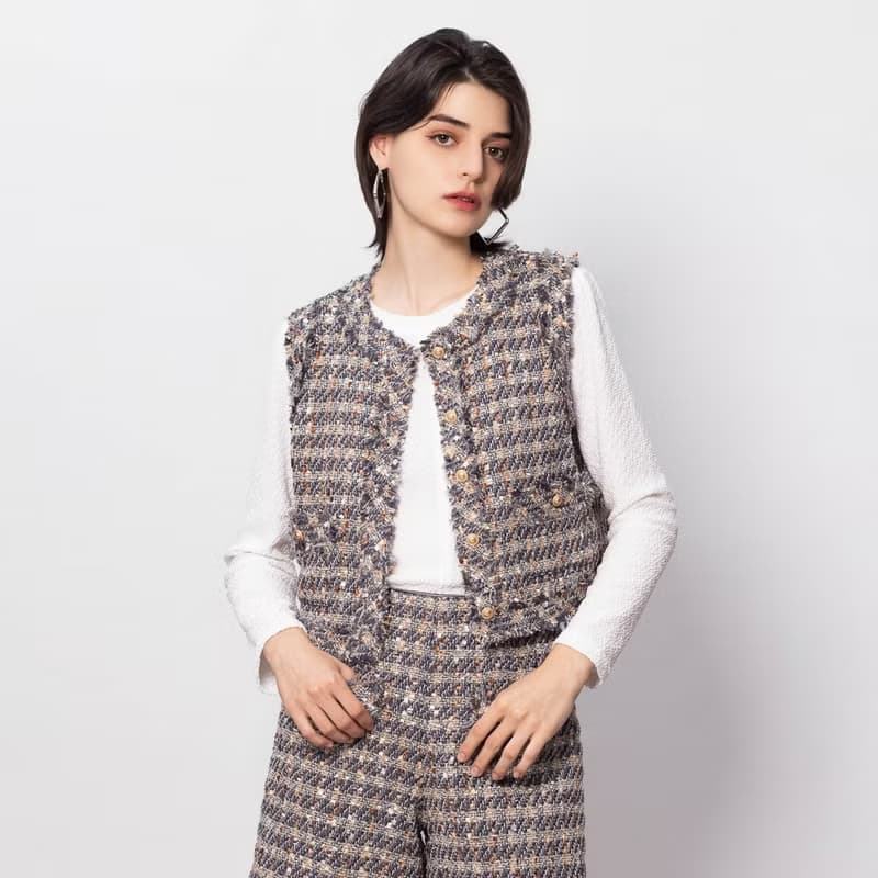 【MEDUSA】鬚邊灰藍混紡毛呢背心外套(M-XL) | 女小香風外套