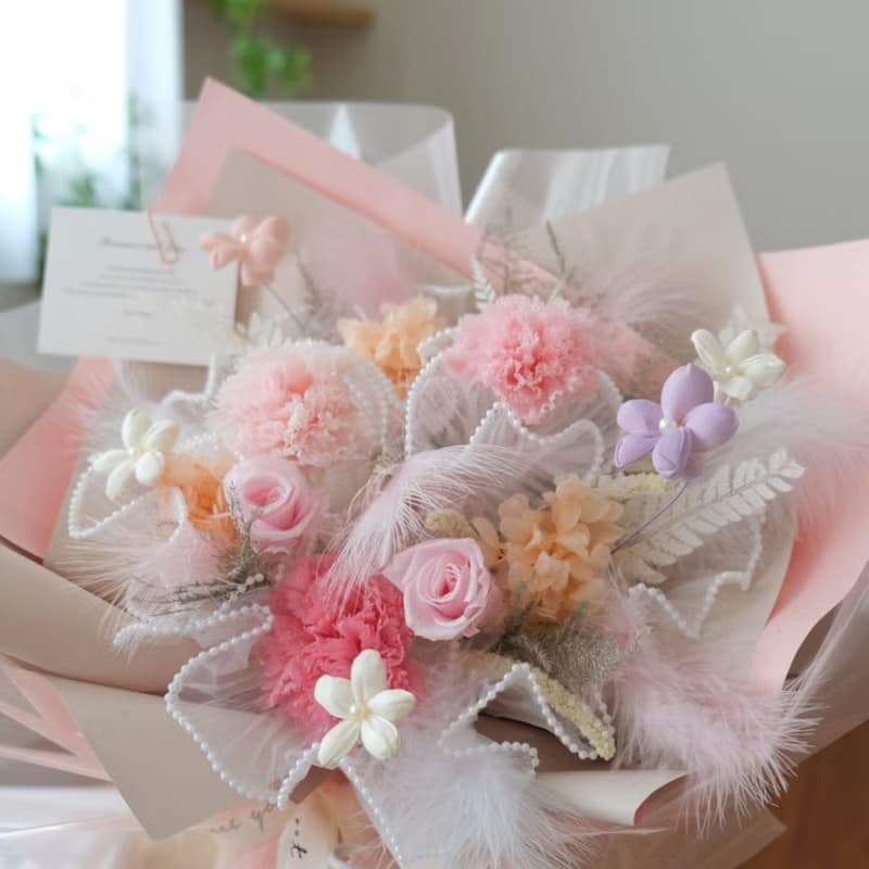 愛的呢喃 粉色康乃馨永生花束