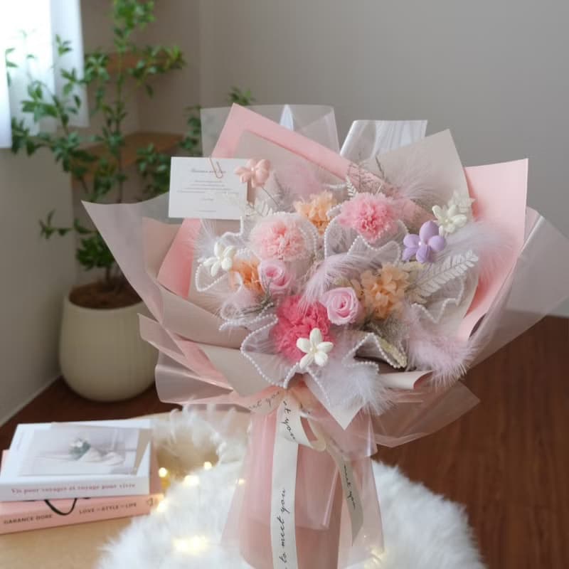 愛的呢喃 粉色康乃馨永生花束