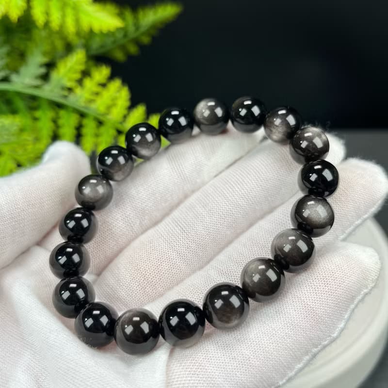 高品質天然銀曜石手串9.8mm顆顆帶眼銀色黑曜石手錬女款耀眼靈動