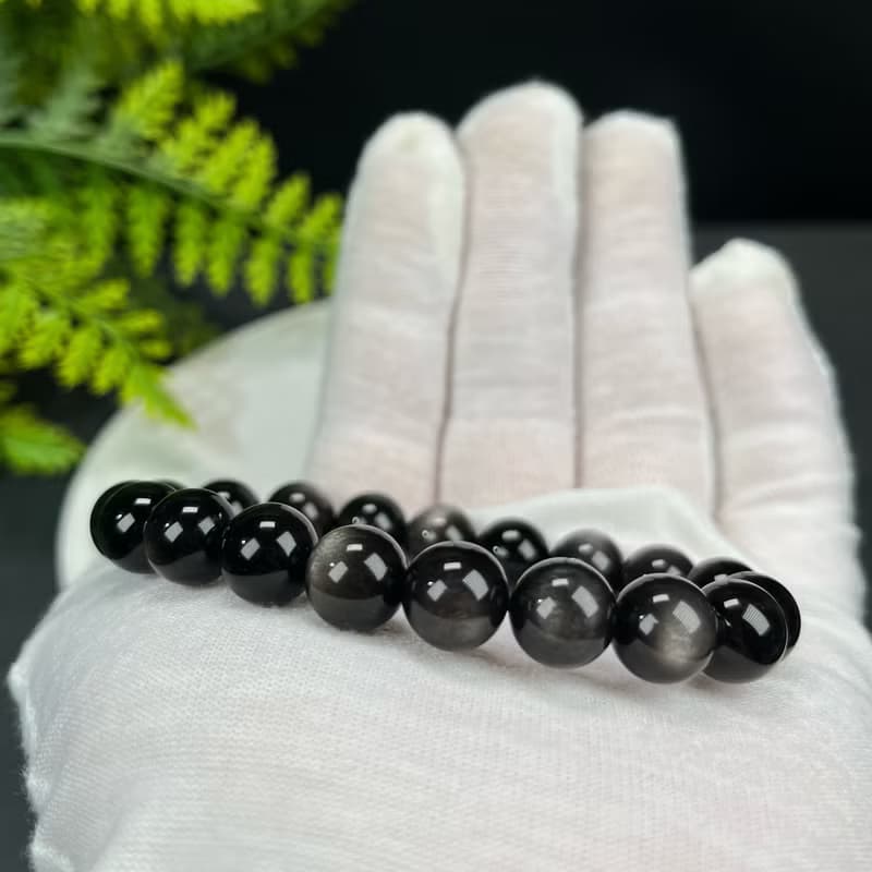 高品質天然銀曜石手串9.8mm顆顆帶眼銀色黑曜石手錬女款耀眼靈動