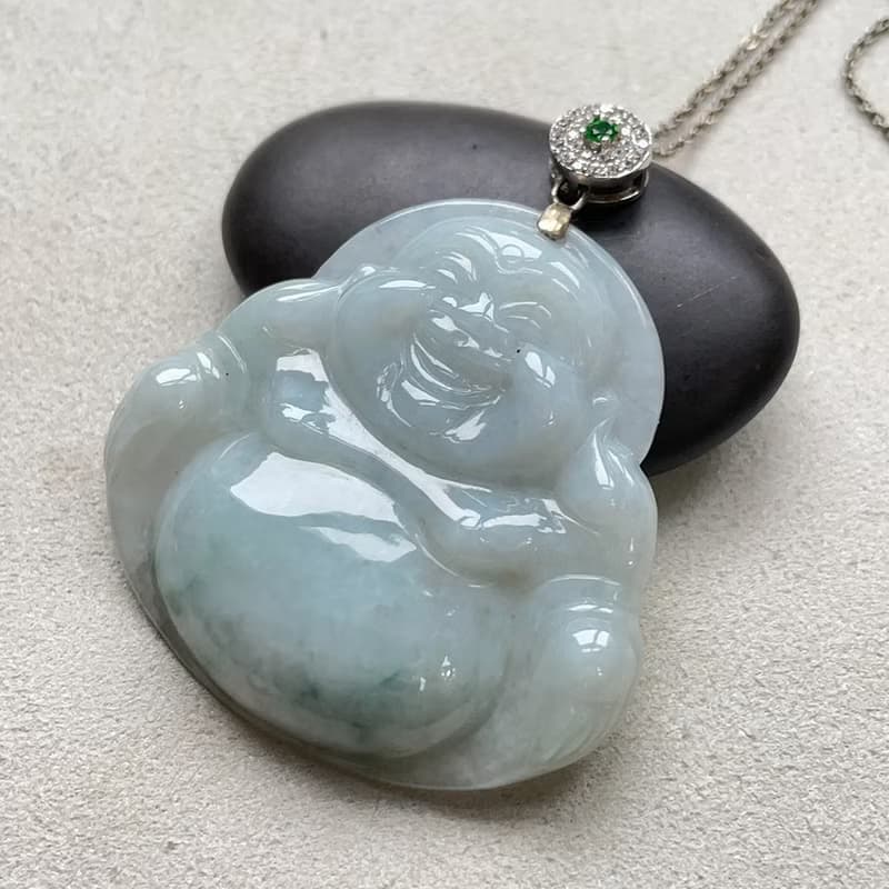 冰糯飄藍花翡翠彌勒佛項鍊 925純銀 | 天然緬甸玉翡翠A貨