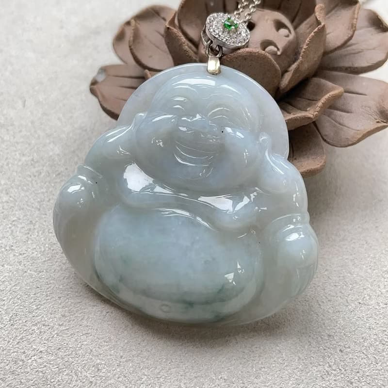 冰糯飄藍花翡翠彌勒佛項鍊 925純銀 | 天然緬甸玉翡翠A貨