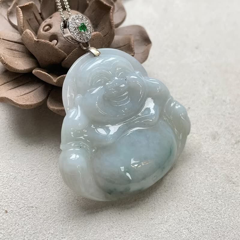冰糯飄藍花翡翠彌勒佛項鍊 925純銀 | 天然緬甸玉翡翠A貨