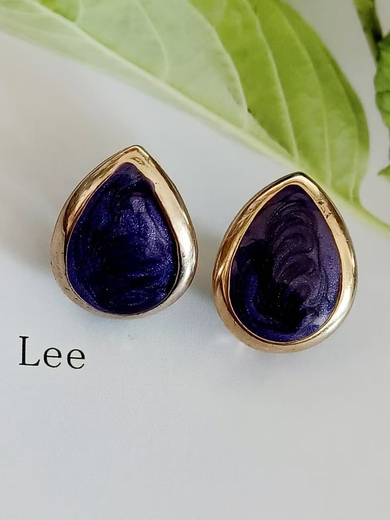 vintage jewelry  流動的紫琺瑯夾式耳環