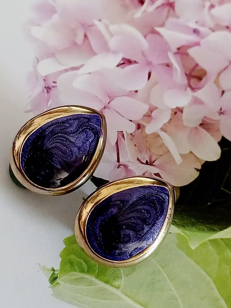 vintage jewelry  流動的紫琺瑯夾式耳環