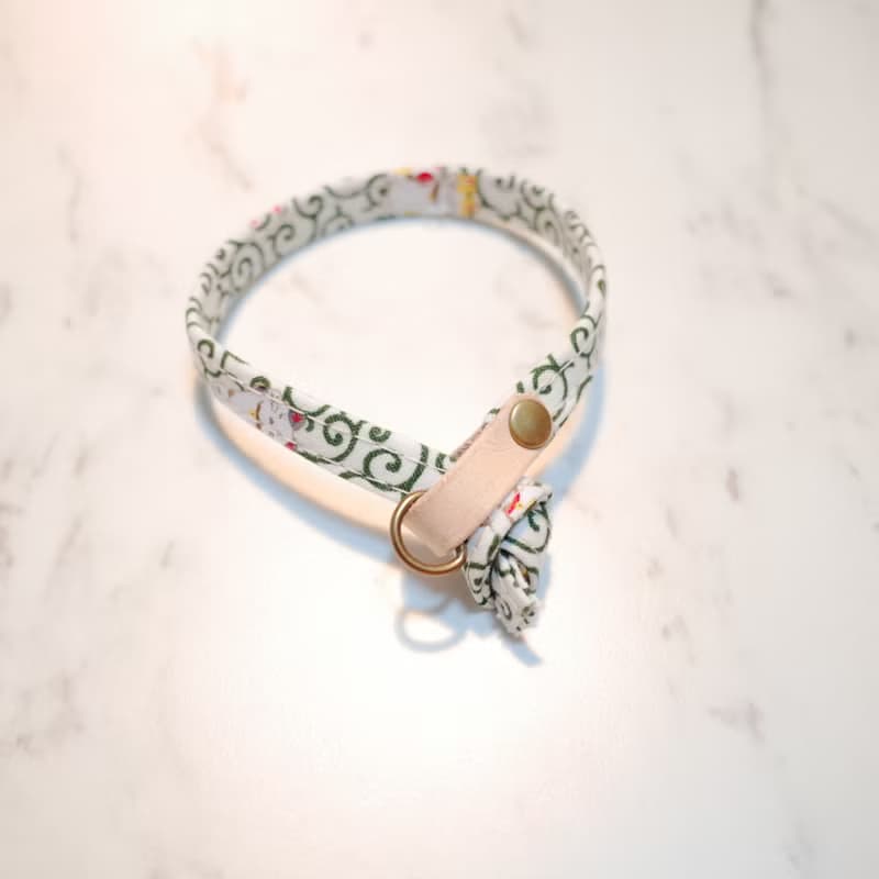 貓咪 項圈 (不含吊牌) 日本布 我的招財貓 和風 綠色 花紋 附鈴鐺 植楺皮 貓